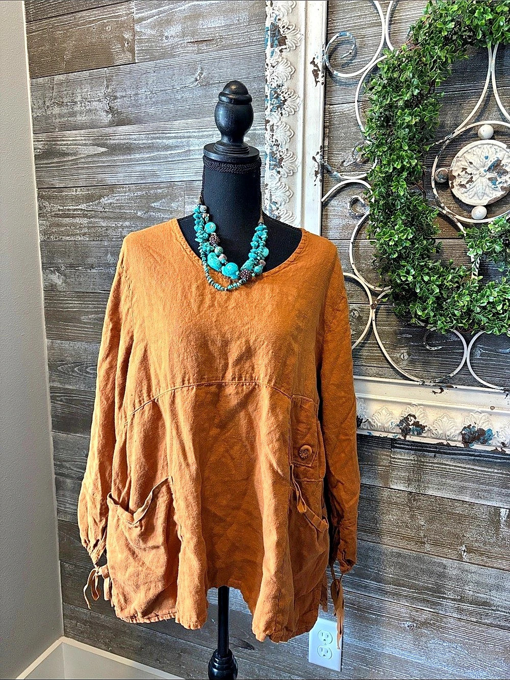 Complete by Frank Lino (Size Medium) Boho Pocket Terra-cotta Linen Tunic